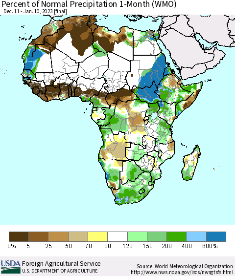 Africa Percent of Normal Precipitation 1-Month (WMO) Thematic Map For 12/11/2022 - 1/10/2023