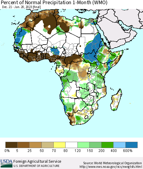 Africa Percent of Normal Precipitation 1-Month (WMO) Thematic Map For 12/21/2022 - 1/20/2023