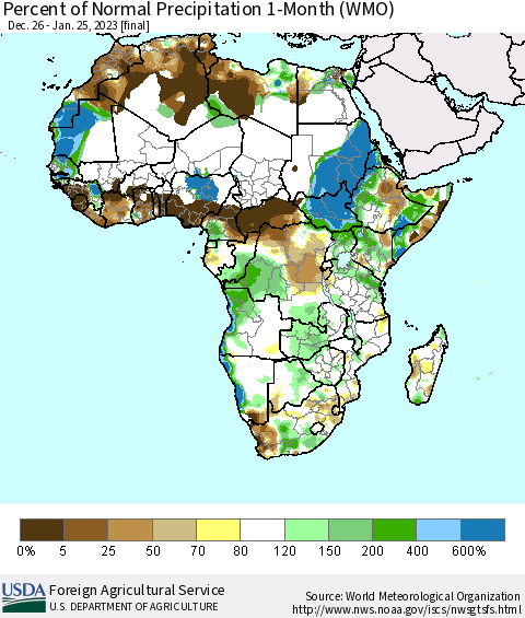 Africa Percent of Normal Precipitation 1-Month (WMO) Thematic Map For 12/26/2022 - 1/25/2023