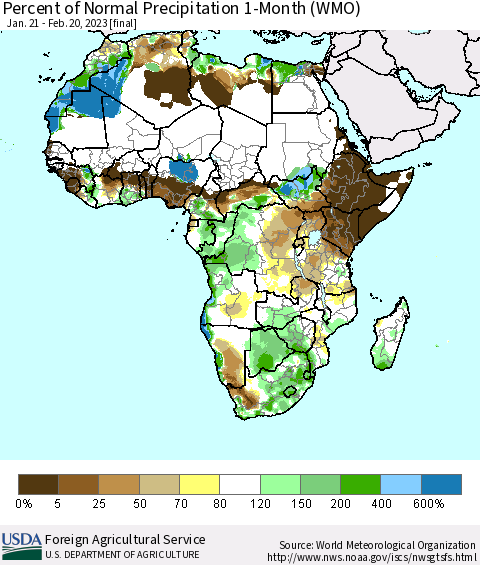 Africa Percent of Normal Precipitation 1-Month (WMO) Thematic Map For 1/21/2023 - 2/20/2023