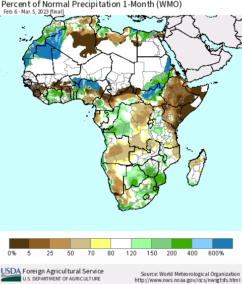 Africa Percent of Normal Precipitation 1-Month (WMO) Thematic Map For 2/6/2023 - 3/5/2023