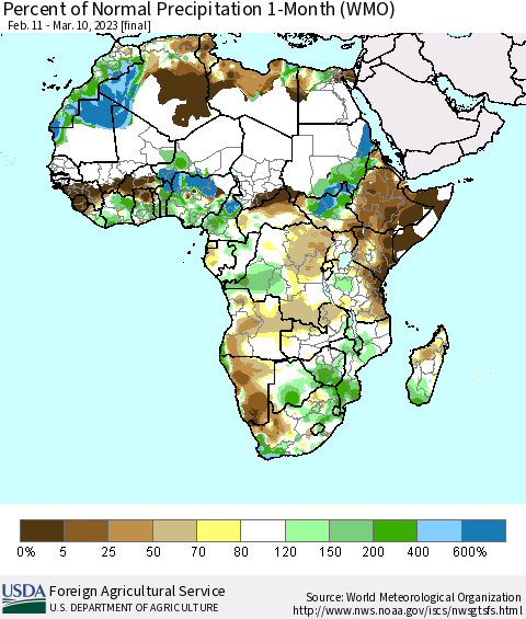 Africa Percent of Normal Precipitation 1-Month (WMO) Thematic Map For 2/11/2023 - 3/10/2023