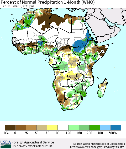 Africa Percent of Normal Precipitation 1-Month (WMO) Thematic Map For 2/16/2023 - 3/15/2023