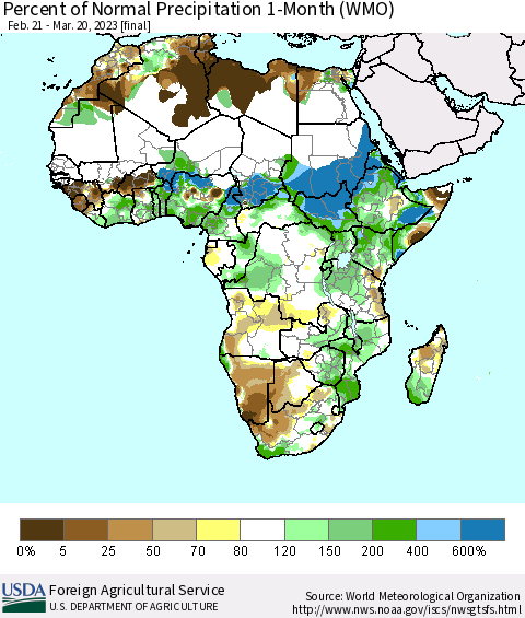Africa Percent of Normal Precipitation 1-Month (WMO) Thematic Map For 2/21/2023 - 3/20/2023