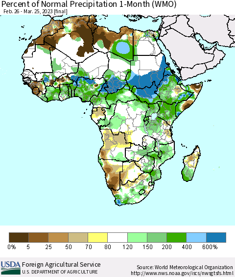 Africa Percent of Normal Precipitation 1-Month (WMO) Thematic Map For 2/26/2023 - 3/25/2023