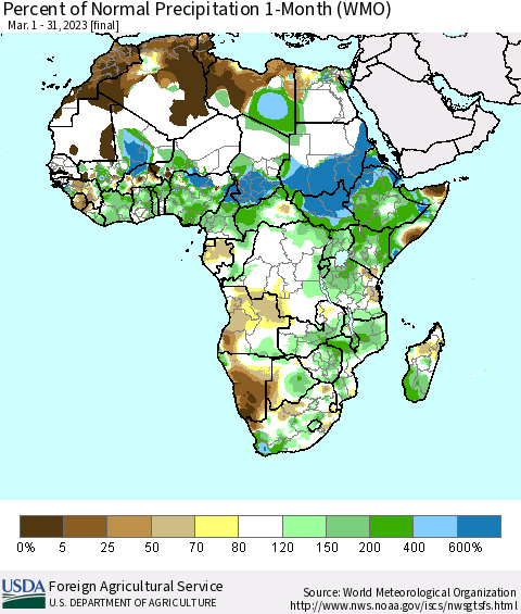Africa Percent of Normal Precipitation 1-Month (WMO) Thematic Map For 3/1/2023 - 3/31/2023