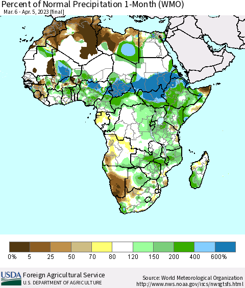 Africa Percent of Normal Precipitation 1-Month (WMO) Thematic Map For 3/6/2023 - 4/5/2023