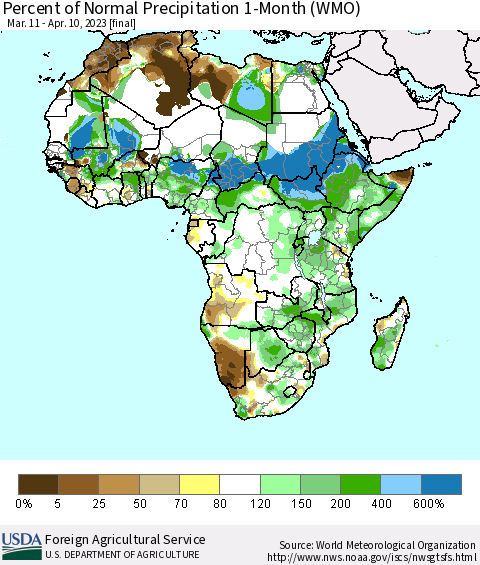Africa Percent of Normal Precipitation 1-Month (WMO) Thematic Map For 3/11/2023 - 4/10/2023