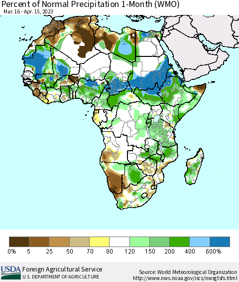 Africa Percent of Normal Precipitation 1-Month (WMO) Thematic Map For 3/16/2023 - 4/15/2023