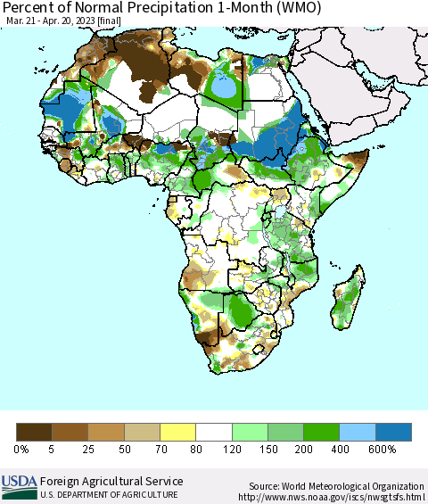 Africa Percent of Normal Precipitation 1-Month (WMO) Thematic Map For 3/21/2023 - 4/20/2023