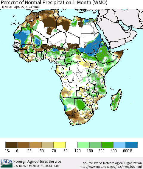 Africa Percent of Normal Precipitation 1-Month (WMO) Thematic Map For 3/26/2023 - 4/25/2023