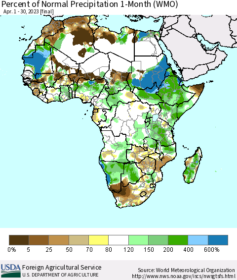 Africa Percent of Normal Precipitation 1-Month (WMO) Thematic Map For 4/1/2023 - 4/30/2023