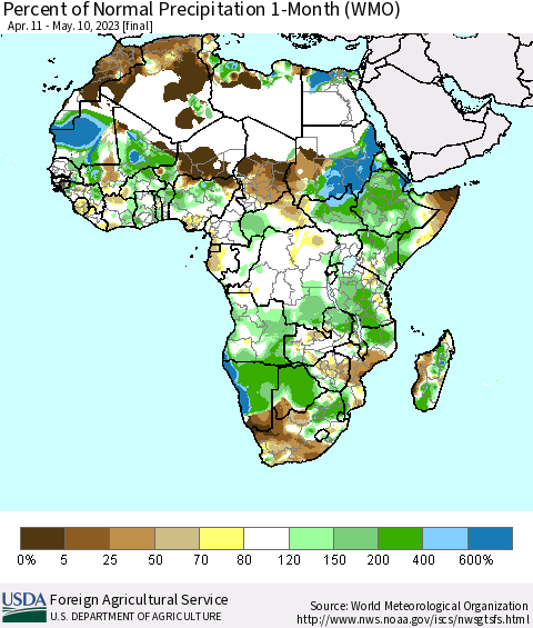 Africa Percent of Normal Precipitation 1-Month (WMO) Thematic Map For 4/11/2023 - 5/10/2023