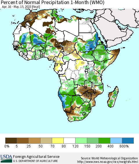 Africa Percent of Normal Precipitation 1-Month (WMO) Thematic Map For 4/16/2023 - 5/15/2023