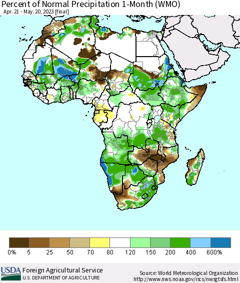 Africa Percent of Normal Precipitation 1-Month (WMO) Thematic Map For 4/21/2023 - 5/20/2023