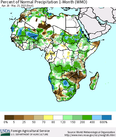 Africa Percent of Normal Precipitation 1-Month (WMO) Thematic Map For 4/26/2023 - 5/25/2023