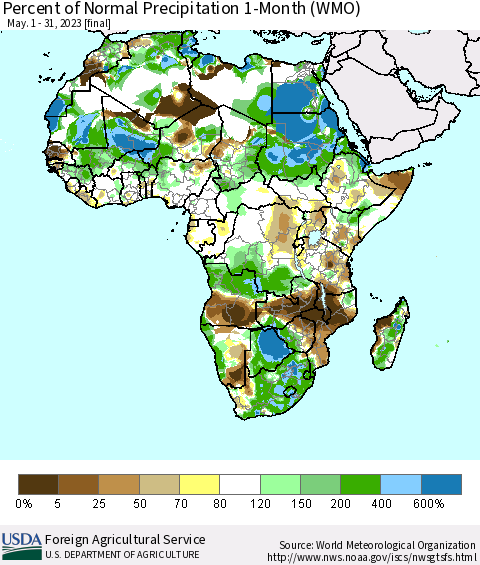 Africa Percent of Normal Precipitation 1-Month (WMO) Thematic Map For 5/1/2023 - 5/31/2023