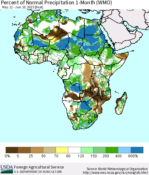 Africa Percent of Normal Precipitation 1-Month (WMO) Thematic Map For 5/11/2023 - 6/10/2023