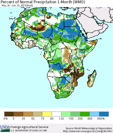 Africa Percent of Normal Precipitation 1-Month (WMO) Thematic Map For 5/16/2023 - 6/15/2023