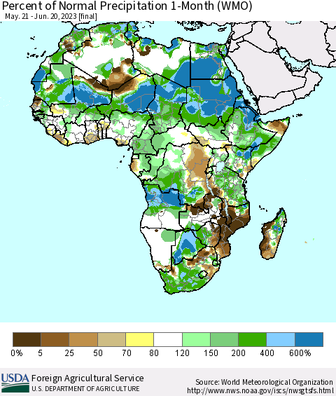 Africa Percent of Normal Precipitation 1-Month (WMO) Thematic Map For 5/21/2023 - 6/20/2023