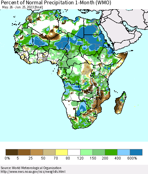 Africa Percent of Normal Precipitation 1-Month (WMO) Thematic Map For 5/26/2023 - 6/25/2023