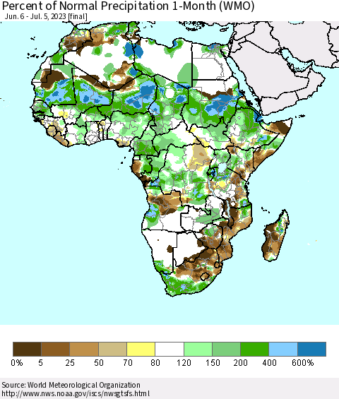 Africa Percent of Normal Precipitation 1-Month (WMO) Thematic Map For 6/6/2023 - 7/5/2023