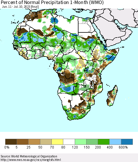 Africa Percent of Normal Precipitation 1-Month (WMO) Thematic Map For 6/11/2023 - 7/10/2023