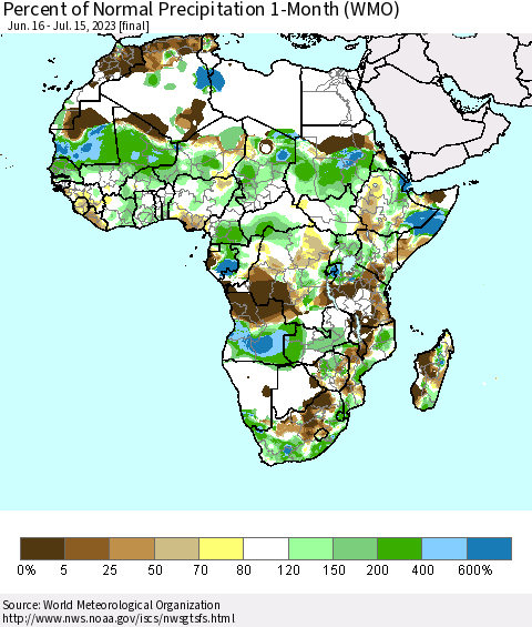 Africa Percent of Normal Precipitation 1-Month (WMO) Thematic Map For 6/16/2023 - 7/15/2023