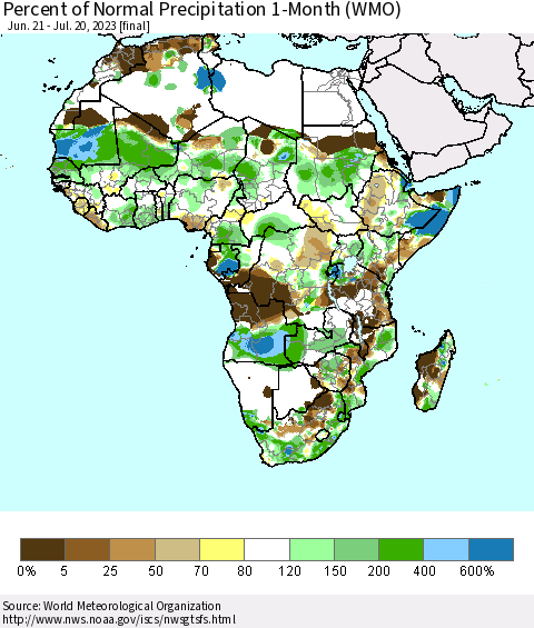 Africa Percent of Normal Precipitation 1-Month (WMO) Thematic Map For 6/21/2023 - 7/20/2023