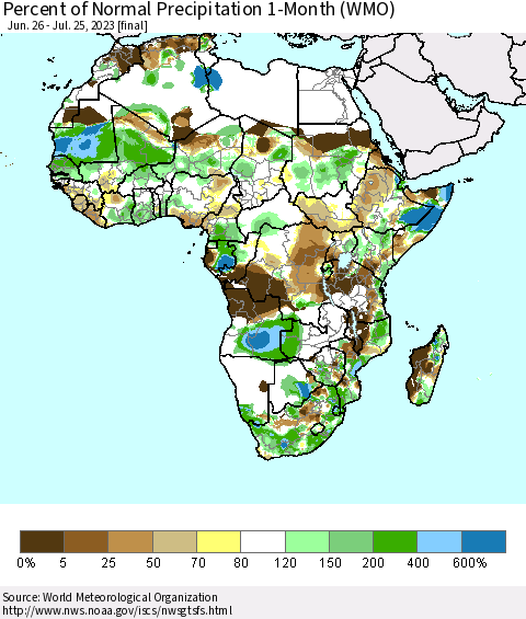 Africa Percent of Normal Precipitation 1-Month (WMO) Thematic Map For 6/26/2023 - 7/25/2023