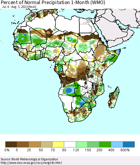 Africa Percent of Normal Precipitation 1-Month (WMO) Thematic Map For 7/6/2023 - 8/5/2023
