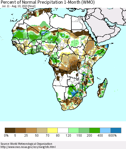 Africa Percent of Normal Precipitation 1-Month (WMO) Thematic Map For 7/11/2023 - 8/10/2023