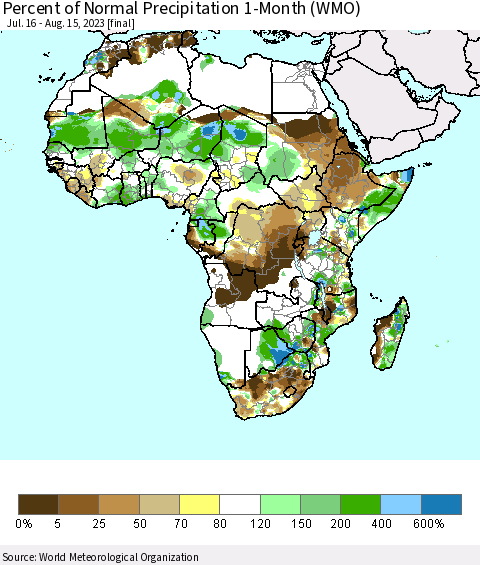 Africa Percent of Normal Precipitation 1-Month (WMO) Thematic Map For 7/16/2023 - 8/15/2023