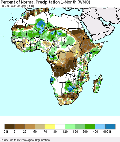 Africa Percent of Normal Precipitation 1-Month (WMO) Thematic Map For 7/21/2023 - 8/20/2023