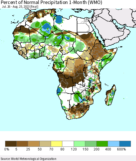 Africa Percent of Normal Precipitation 1-Month (WMO) Thematic Map For 7/26/2023 - 8/25/2023