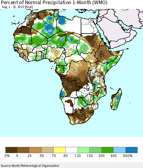 Africa Percent of Normal Precipitation 1-Month (WMO) Thematic Map For 8/1/2023 - 8/31/2023