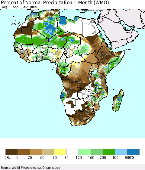 Africa Percent of Normal Precipitation 1-Month (WMO) Thematic Map For 8/6/2023 - 9/5/2023