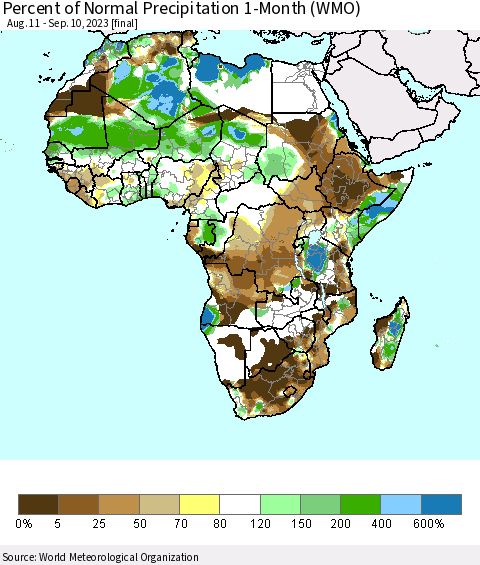 Africa Percent of Normal Precipitation 1-Month (WMO) Thematic Map For 8/11/2023 - 9/10/2023