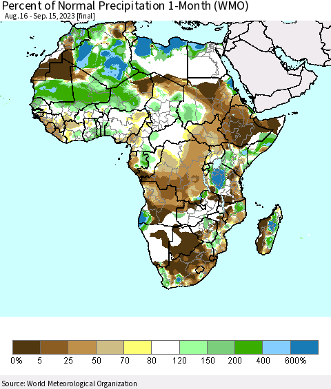 Africa Percent of Normal Precipitation 1-Month (WMO) Thematic Map For 8/16/2023 - 9/15/2023