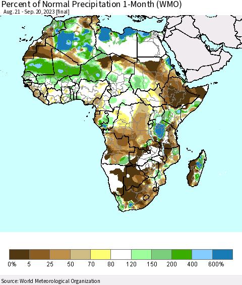 Africa Percent of Normal Precipitation 1-Month (WMO) Thematic Map For 8/21/2023 - 9/20/2023