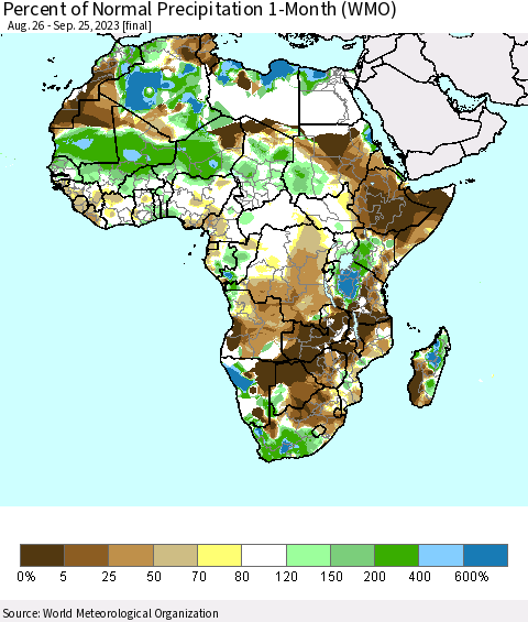 Africa Percent of Normal Precipitation 1-Month (WMO) Thematic Map For 8/26/2023 - 9/25/2023