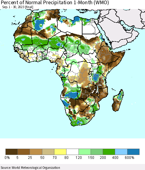 Africa Percent of Normal Precipitation 1-Month (WMO) Thematic Map For 9/1/2023 - 9/30/2023