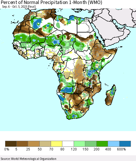 Africa Percent of Normal Precipitation 1-Month (WMO) Thematic Map For 9/6/2023 - 10/5/2023