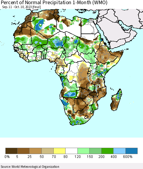 Africa Percent of Normal Precipitation 1-Month (WMO) Thematic Map For 9/11/2023 - 10/10/2023