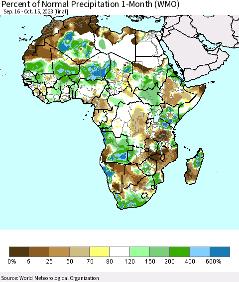 Africa Percent of Normal Precipitation 1-Month (WMO) Thematic Map For 9/16/2023 - 10/15/2023