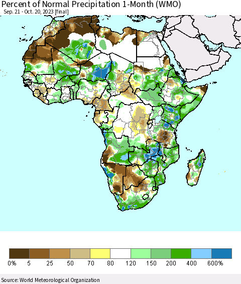 Africa Percent of Normal Precipitation 1-Month (WMO) Thematic Map For 9/21/2023 - 10/20/2023