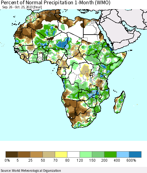 Africa Percent of Normal Precipitation 1-Month (WMO) Thematic Map For 9/26/2023 - 10/25/2023
