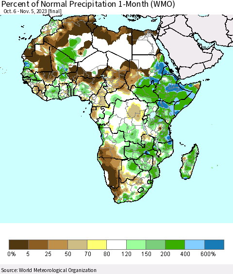 Africa Percent of Normal Precipitation 1-Month (WMO) Thematic Map For 10/6/2023 - 11/5/2023