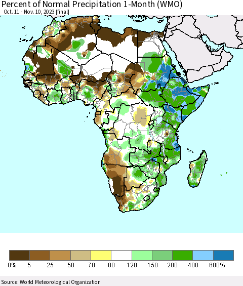 Africa Percent of Normal Precipitation 1-Month (WMO) Thematic Map For 10/11/2023 - 11/10/2023