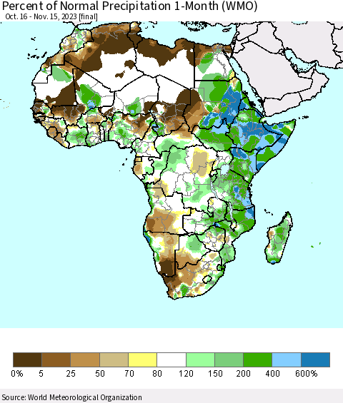 Africa Percent of Normal Precipitation 1-Month (WMO) Thematic Map For 10/16/2023 - 11/15/2023